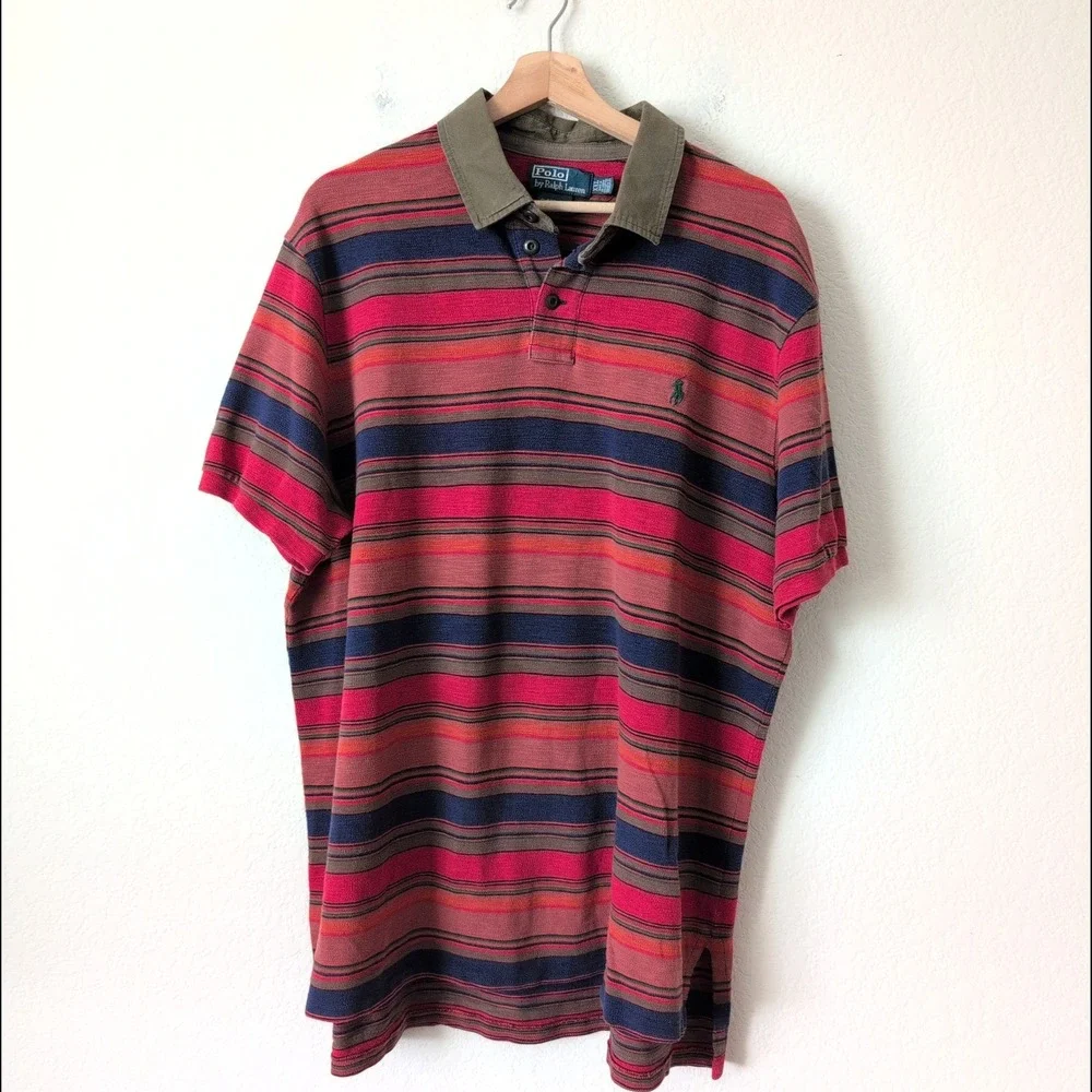 Vintage 90s Polo Ralph Lauren Mens XXL Striped Polo Shirt Red Navy Olive Green